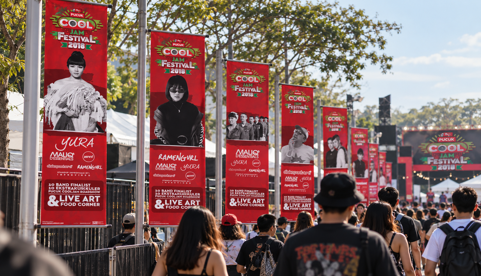 Artist T-banners along festival walkway